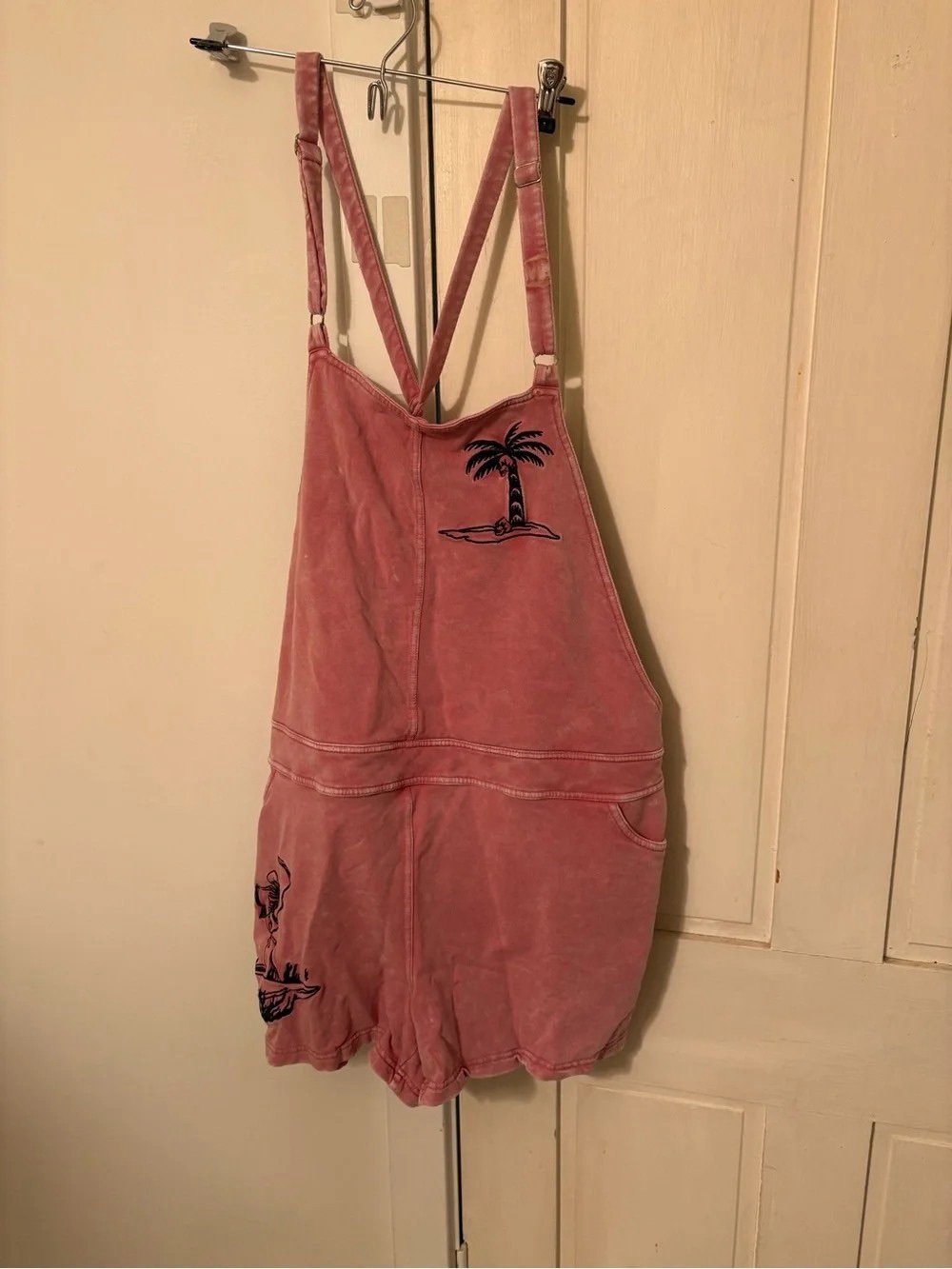 Kids Pink Washed Overalls with Palm Embroidery